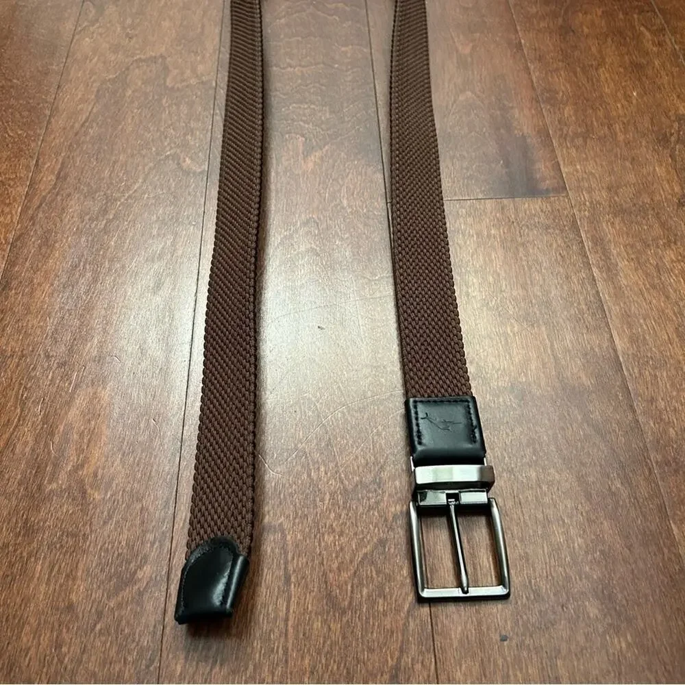 Tommy Bahama Men’s Brown Webbed Belt with Black Leather Trim, Size Large/XL